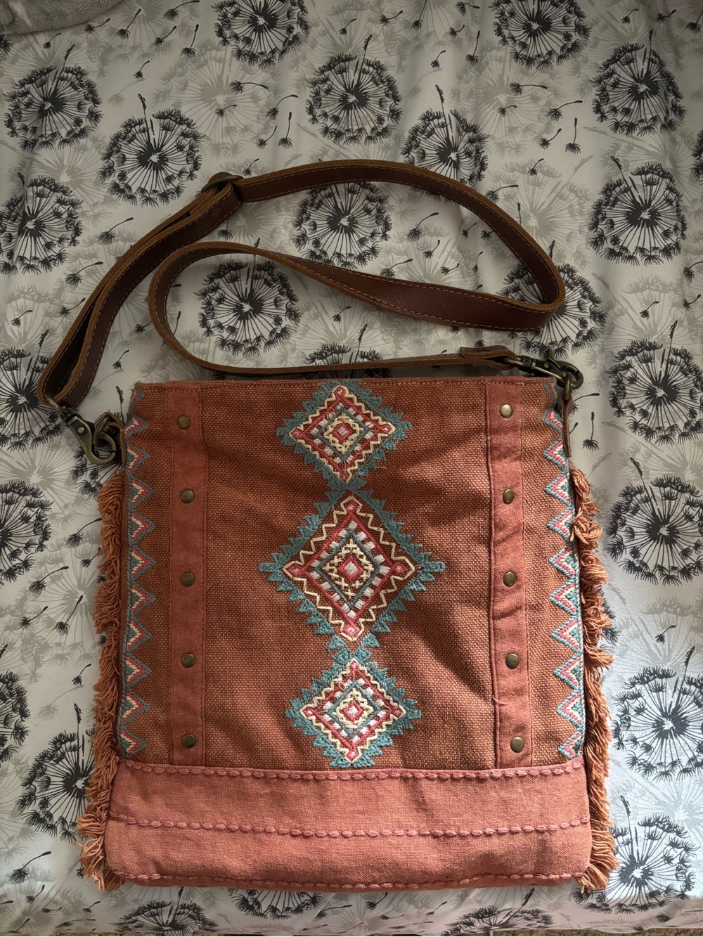 Myra Bag Rust Embroidered Crossbody with Teal & Cream Accents